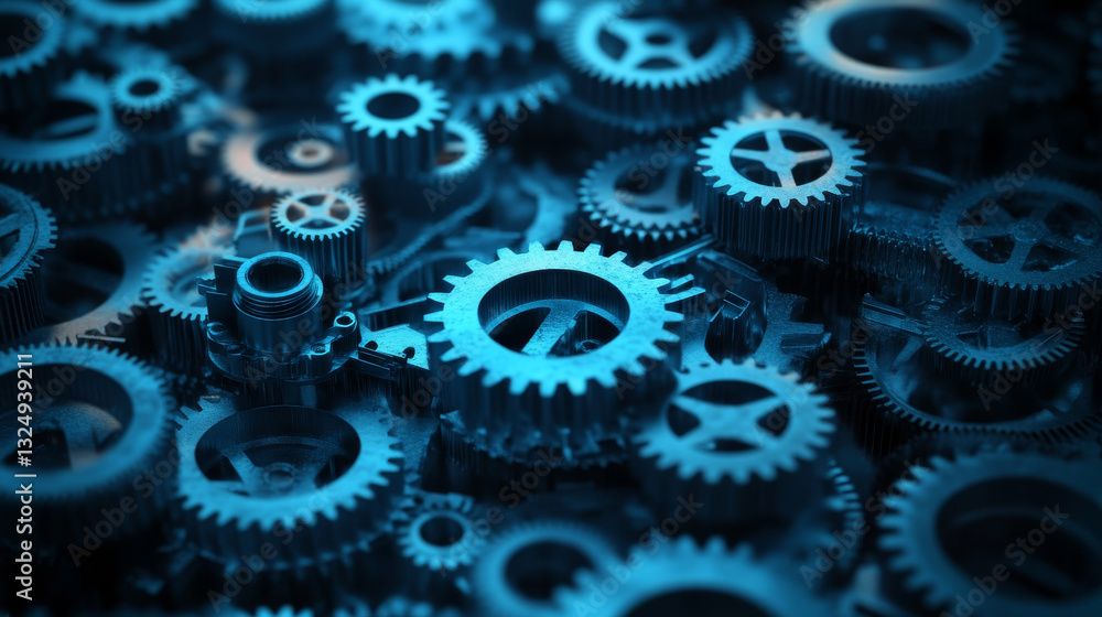 Poster abstract vector 3d gear wheels in dark background. cogs and gear wheel mechanisms concept. digital p
