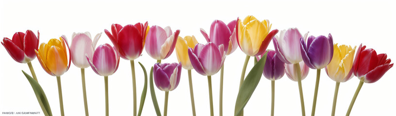 "Experience the elegance of spring.  
Vivid tulips gracefully arranged against a pure white background,  
highlighting the delicate beauty of seasonal blooms."