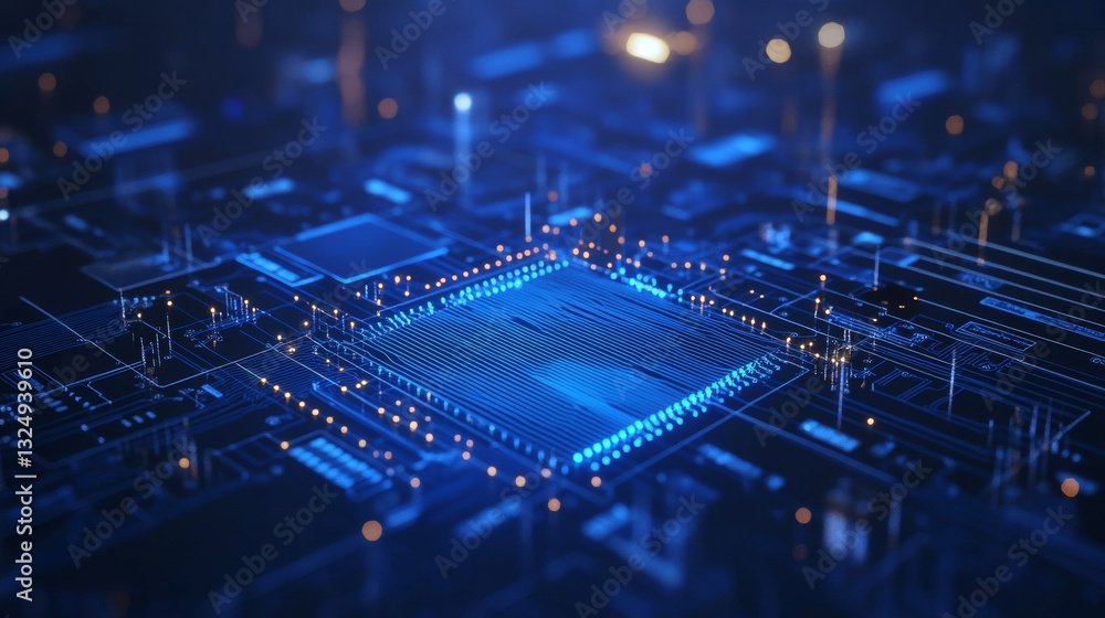 Fototapete thin circuit trace lines in blue on a dark technology background. abstract digital tech bg. electron