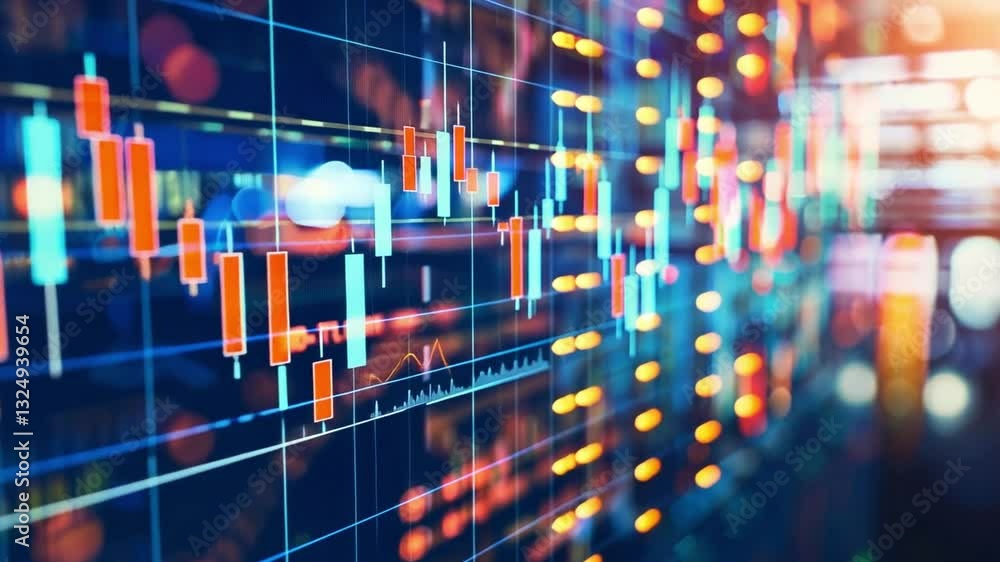Poster vibrant digital display of stock market data analyzing financial trends with colorful candlestick ch