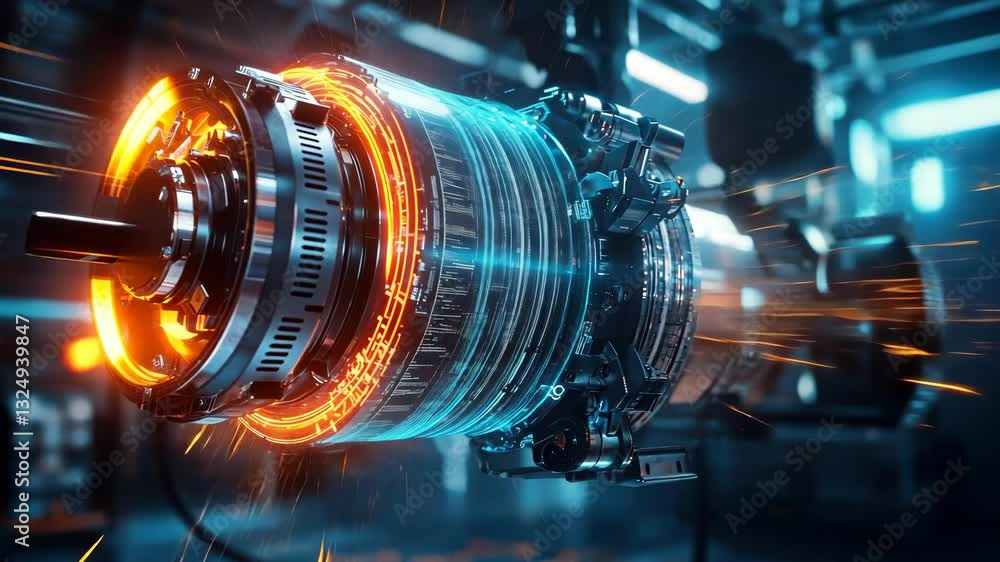 Poster rotating futuristic engine with sparks and glowing elements in a hightech environment