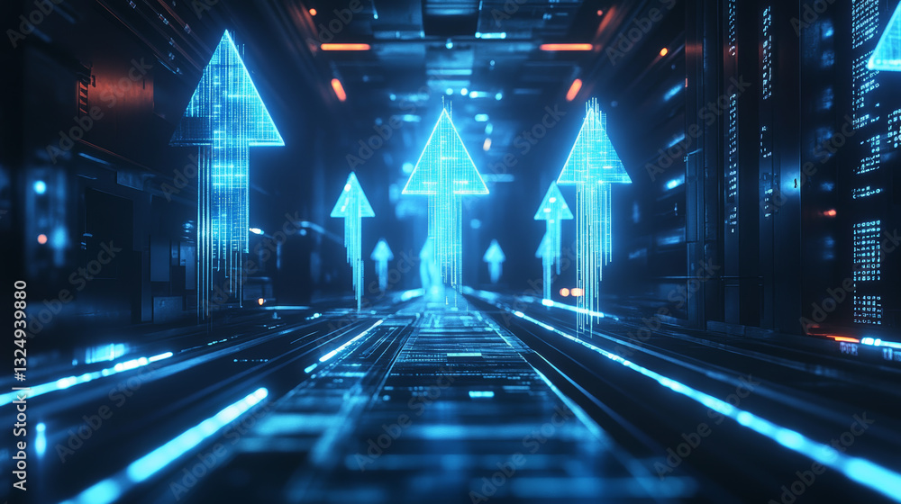 Poster diagonal stream of growth up arrows in blue futuristic style on dark technology background with glow