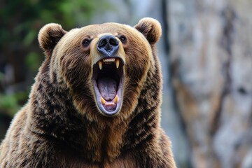 Obraz premium Intense Grizzly Bear Encounter: A Dramatic Display of Wildlife's Most Powerful Predator