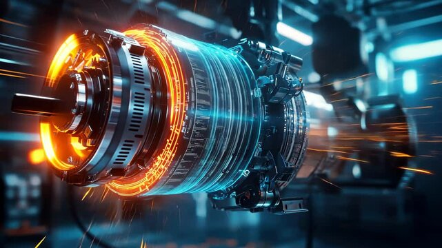 Rotating futuristic engine with sparks and glowing elements in a hightech environment