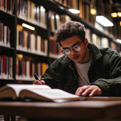 A student studying in a library with shelves of books in the background