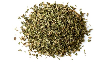 Pile of dried oregano leaves isolated on white