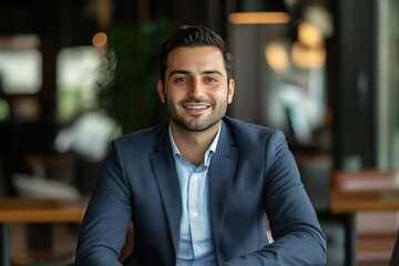 Charming young man seated in a stylish environment exudes confidence and approachability while showcasing a professional yet friendly demeanor