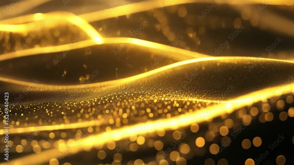 Poster mesmerizing abstract vdo of golden waves and particles creating shimmering effect, evoking sense of 