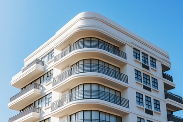 Fototapeta premium An Art Deco apartment building with a fa? section ade of antique white and sleek graphite balconies