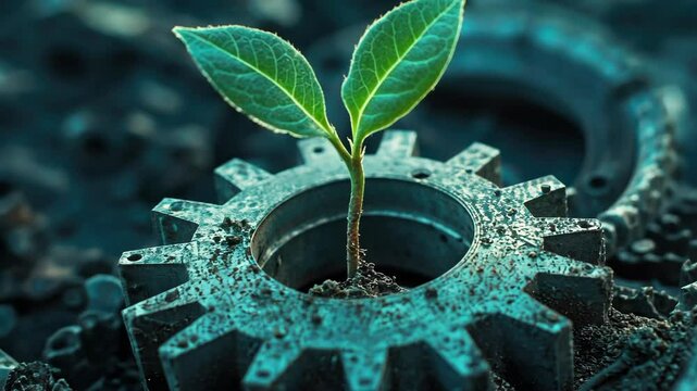 Emerging sapling growing through mechanical gear in industrial soil