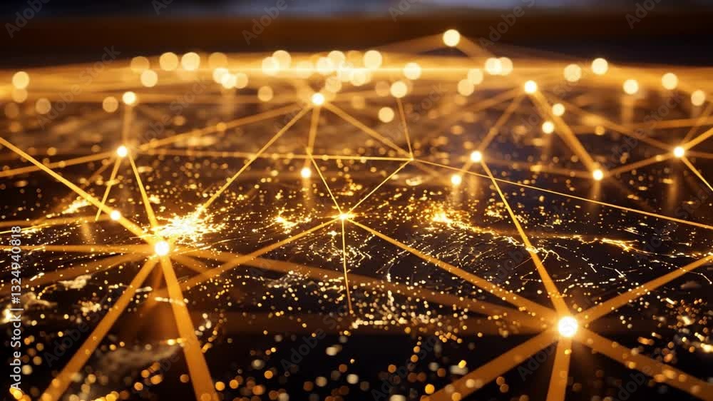 Poster glowing network of interconnected points illuminates dark map, symbolizing global communication and 