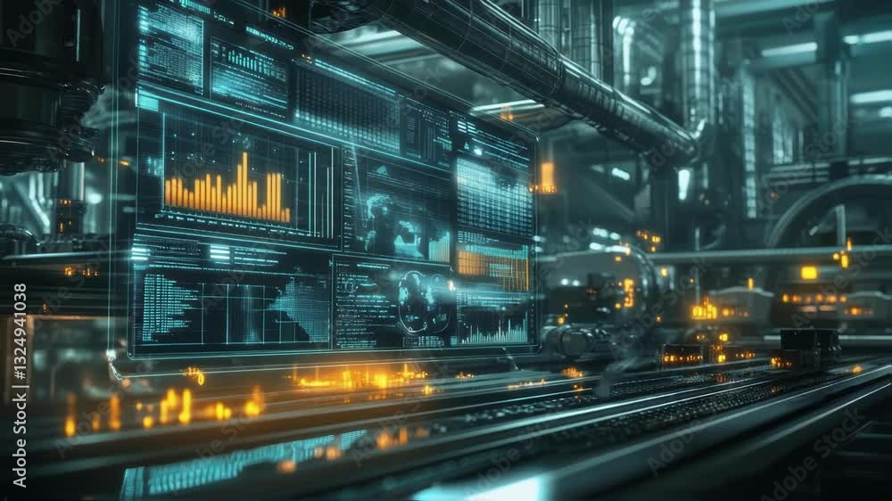 Poster futuristic industrial environment showing a digital display with various analytics and data, highlig