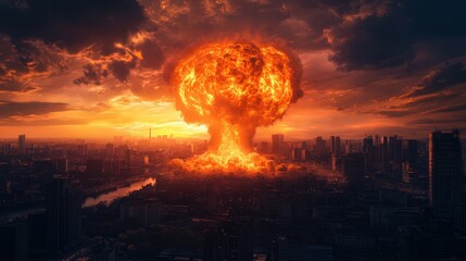 City Destroyed by Atomic Bomb with Massive Mushroom Cloud Eruption