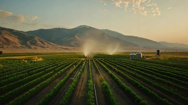 Vast Agricultural Field with Irrigation Systems Watering Crops Against Majestic Mountains Under Clear Sky Capturing Essence of Rural Farming, Nature, and Serene Agricultural Landscape