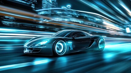 Futuristic Sports Car Speeding Through City at Night