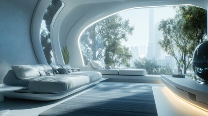 Fototapeta premium Futuristic Living Room with Panoramic City View