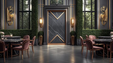 An elegant entrance with Art Deco styling, detailed with charcoal and gold geometric motifs