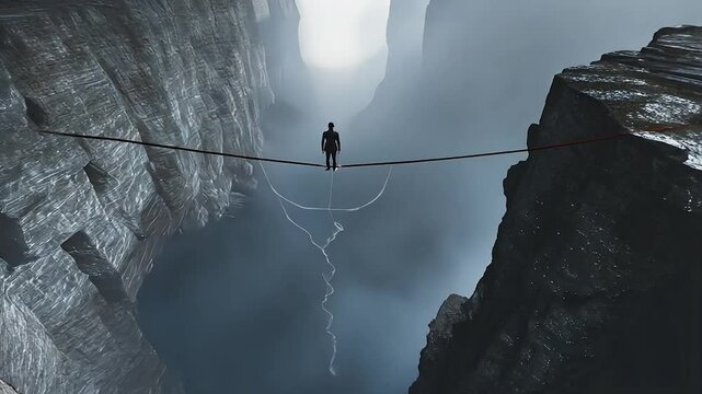 The Courageous Tightrope Walk: A Silhouette of Determination against a Misty Mountain Gorge