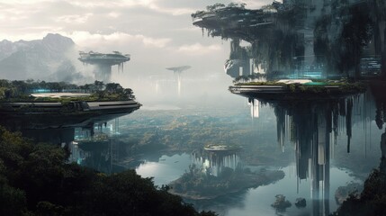 Fototapeta premium Futuristic Floating Islands: A Serene Sci-Fi Landscape
