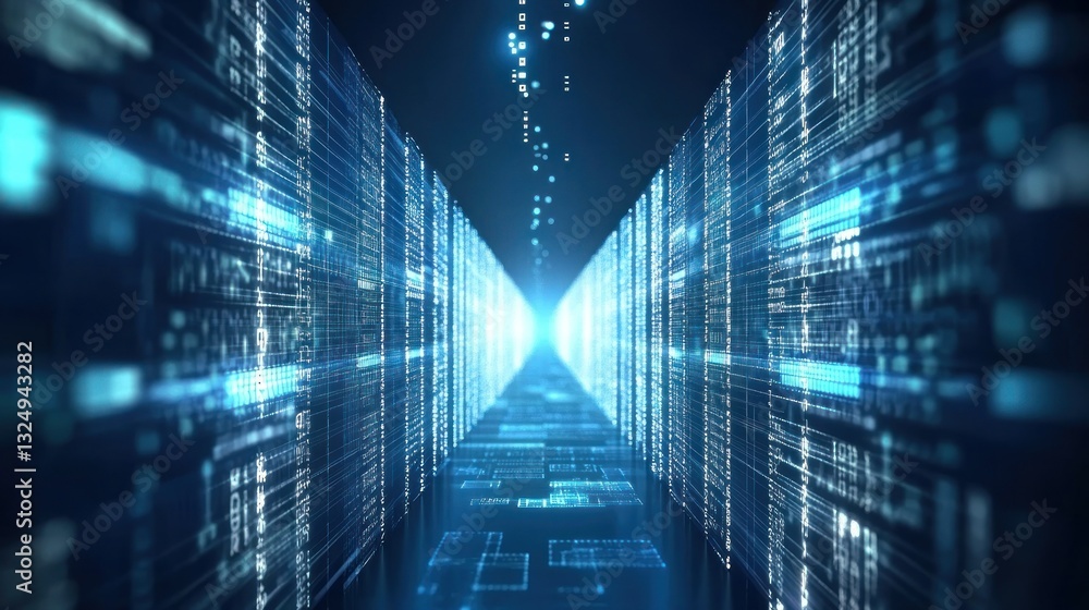 Poster abstract blue glowing light tunnel background with futuristic technology and data connection concept