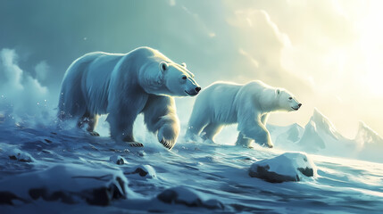 Naklejka premium Polar bears walking across a frozen arctic landscape, with snow and ice surrounding them, their fur glowing in the bright, cold sunlight as they travel together. Polar Glow. Illustration