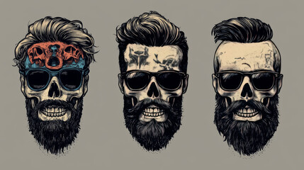 Skulls with Hipster hair and beards, fashion vector illustration set.