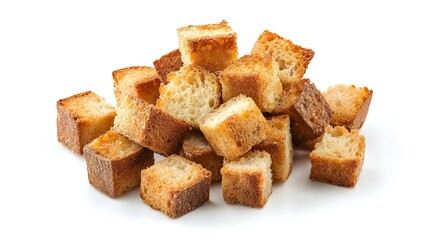 Group of baked crusty bread cube croutons