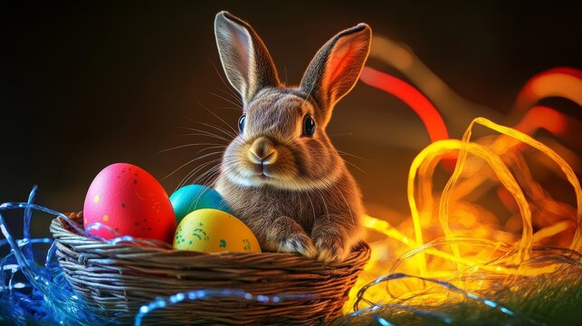 abstract Colorful Easter eggs in basket and rabit on black technology background with light 