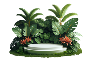 Botanical Stage: An empty, tiered stage is adorned with lush, tropical foliage, creating a vibrant, inviting setting for product display or presentation.