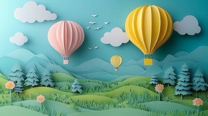 Paper cut of Summer season on green nature landscape, hot air balloons and clouds on blue sky background with yellow color cylinder podium for products display presentation