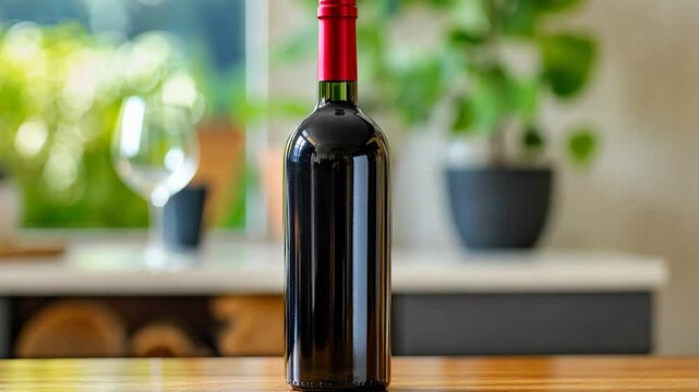 A Bottle of Red Wine on a Wooden Table