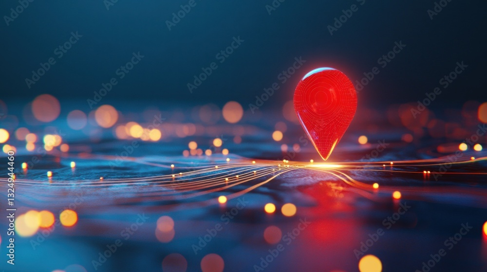 Poster a red location pin icon floating over an illuminated map, surrounded by glowing lines and digital co