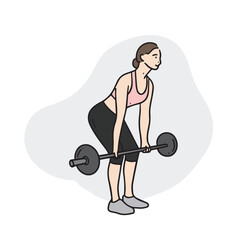 In the gym, a woman lifts a heavy barbell. Hand drawn exercise and sport related vector illustrations.