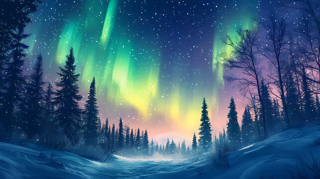 Vivid auroras illuminate a snowy forest beneath a starry night. Polar Glow. Illustration