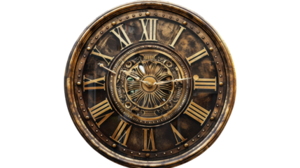 Vintage clock showing time with roman numerals on transparent background