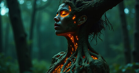 Mystical forest spirit with the glowing roots. AI image
