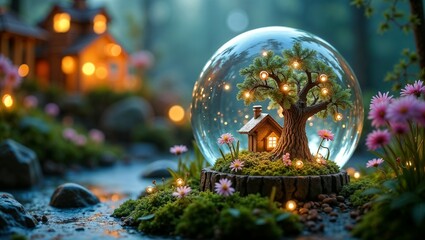 Magical miniature fairy house inside a glowing glass dome