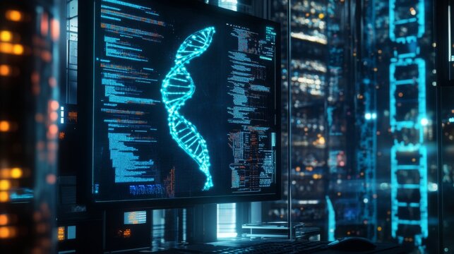 A computer screen showcases a digital illustration of a DNA double helix alongside lines of code.