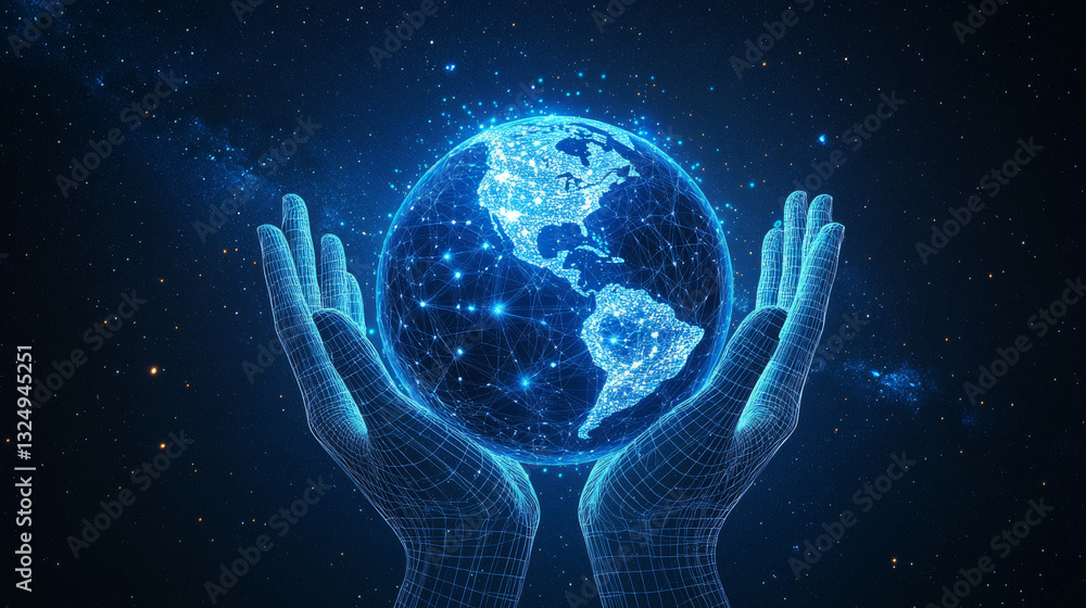 Poster abstract 3d hands holding earth in dark blue. digital vector world globe wireframe looks like starry