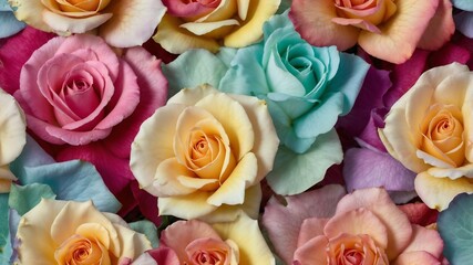 Fototapeta premium Vibrant multicolored roses floral background in soft pastel tones