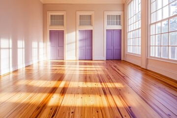 Fototapeta premium An empty room showcasing espresso-stained pine wood floors with soft lavender doors