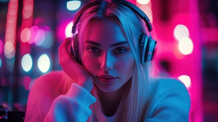 Photo of a beautiful young woman with blonde hair wearing headphones and listening to music.