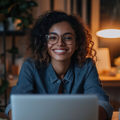 A young woman smiling confidently while working at a desk