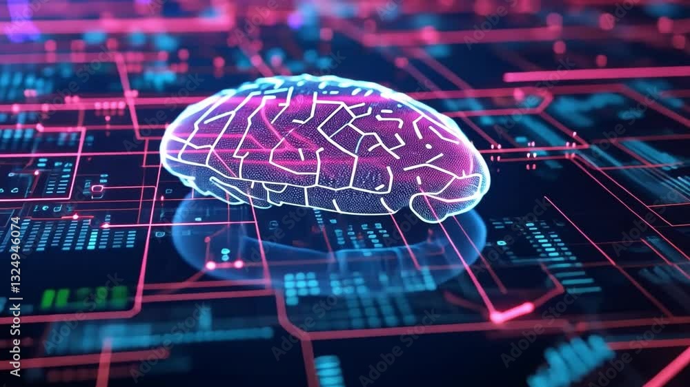 Poster futuristic digital brain representation illuminated neon colors and glowing circuits symbolize artif