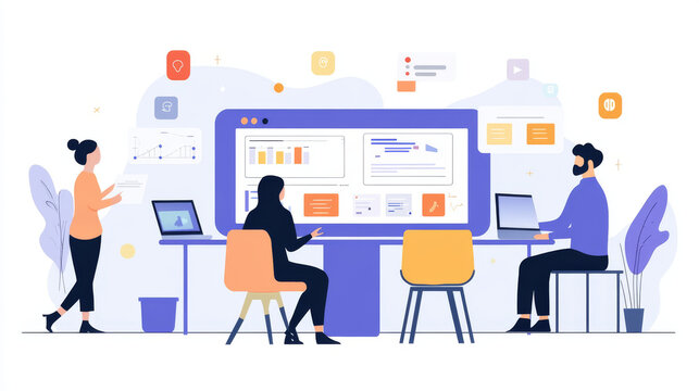 Web design isometric concept. Website development of all platforms. Optimization layout website on laptop, phone, tablet. Creation layout responsive Internet page. Web script coding and programming.