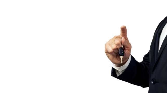 Businessman holding car key and pointing with transparent background