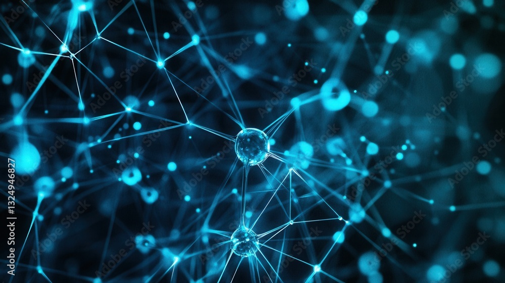 Poster Futuristic neural network patterns with deep blue and cyan nodes in a cutting-edge tech design