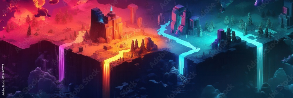 Leinwandbilder explore a vibrant isometric gaming-inspired landscape filled with colorful terrain, waterfalls, and 