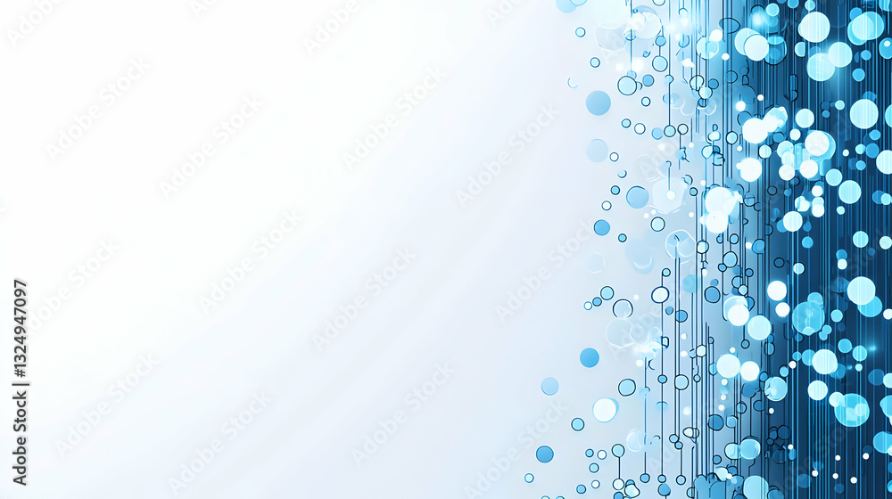 Poster abstract blue background with light bokeh effect and vertical lines on white blank space