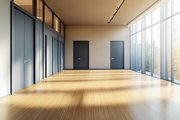Fototapeta premium An image of an empty room with sleek bamboo wood floors and slate gray doors, illuminated by natural light from expansive ceiling-to-floor windows